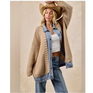 BIBI Washed Denim Trim Oversized Cardigan Sweater | Small
